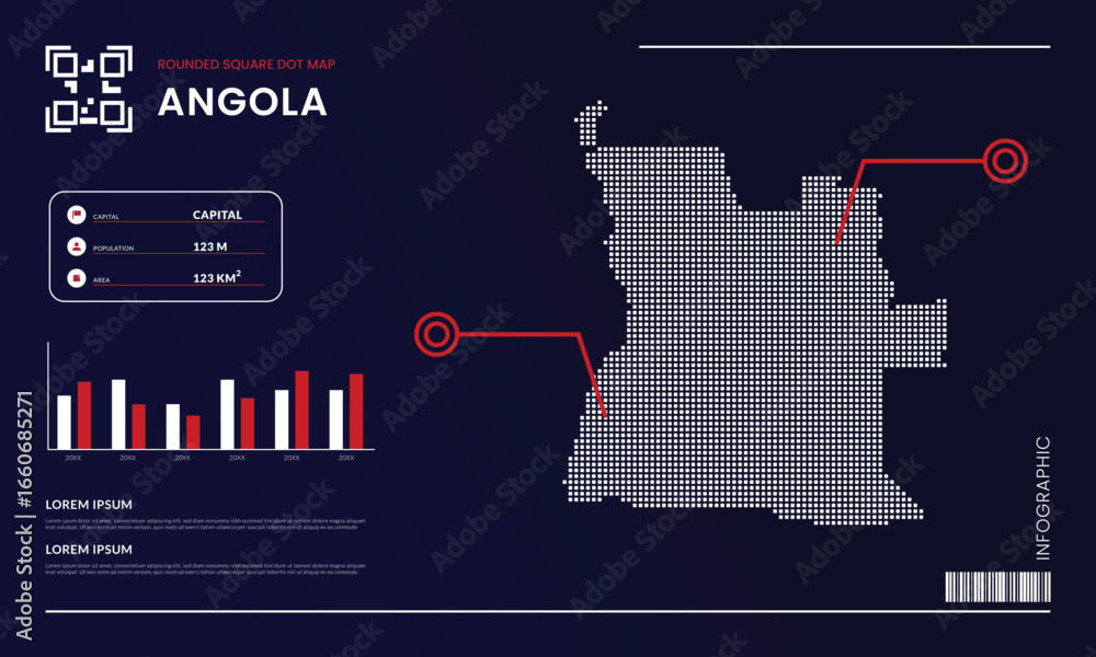 Poster rounded square dot map of angola with infographic layout template