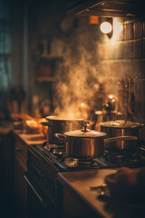 A warm, inviting kitchen scene with abstract steam rising from pots on a stove, hinting at a cozy family meal in progress.