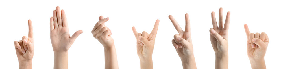 Collage of children's hands showing gestures on white background