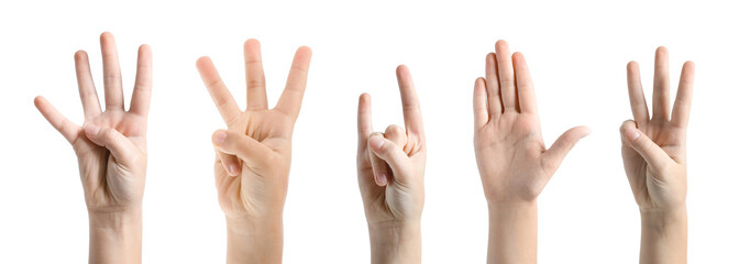 Group of children's hands showing gestures on white background