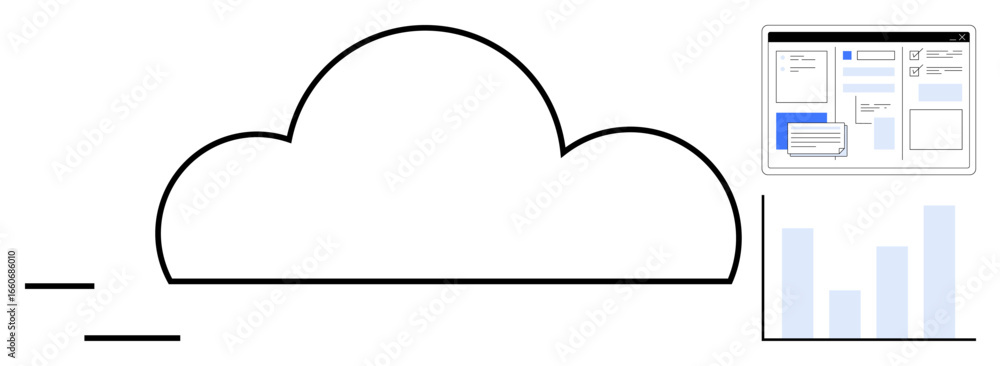Aufkleber cloud representing online storage, data analytics bar graph, and a digital file interface. ideal for
