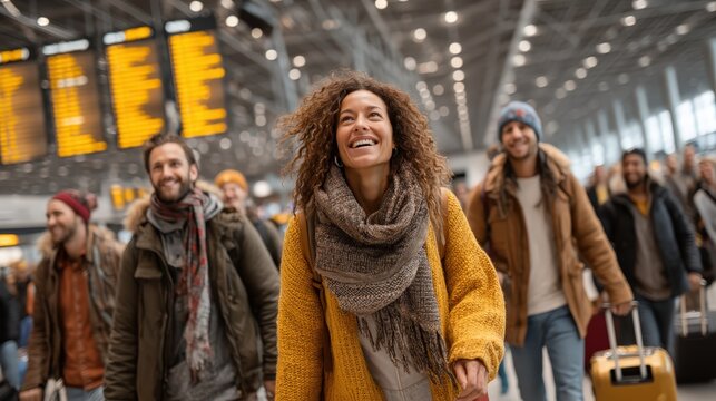 A beautiful, happy woman with curly hair laughs with excitement while walking through a bustling airport terminal with other travelers and luggage