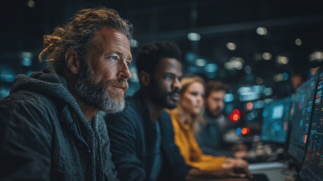 A diverse team of professionals, led by a bearded man, works intently at their computers in a modern, dimly lit office or control center