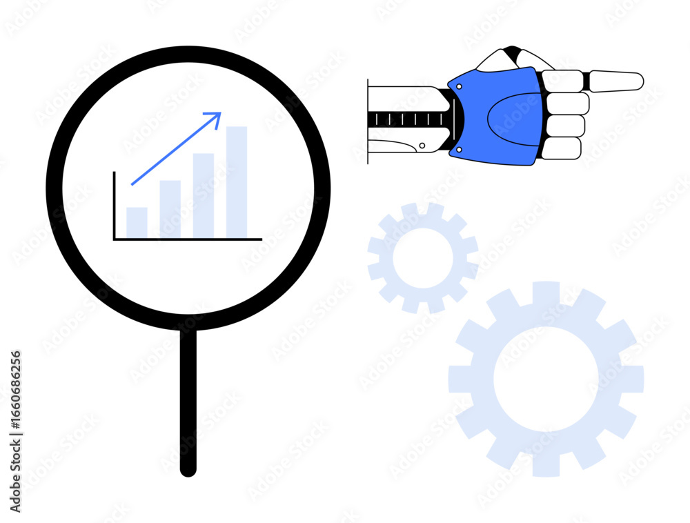 Poster robotic hand pointing with magnifying glass displaying growth chart, surrounded by rotating gears. i