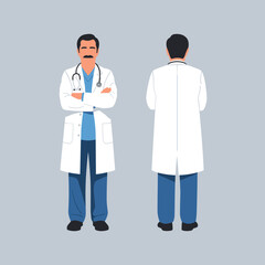 Fototapeta premium Male doctor character in lab coat and scrubs shown from front and back. Vector illustration of a medical professional with a stethoscope.
