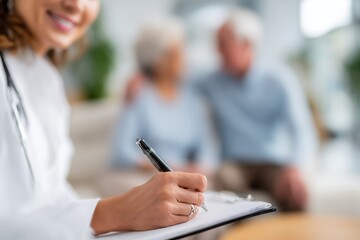 Doctor writes notes during consultation, senior couple blurred in background, copy space.