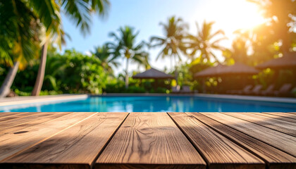 Fototapeta premium An empty wooden table top with a blurred background of a sunny tropical resort swimming pool and palm trees.
