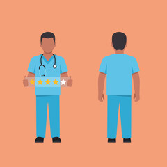 Vector Illustration of a Male Medical Professional with Front and Back Views. Doctor Holding a Four Star Patient Satisfaction Rating.