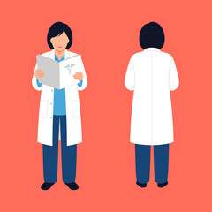 Fototapeta premium Asian female doctor in a white lab coat and scrubs, shown from the front and back. Healthcare professional vector illustration.