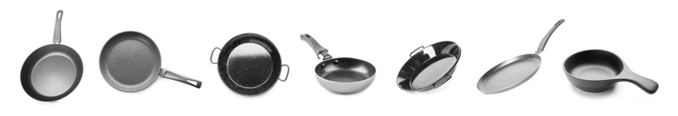 Group of frying pans on white background