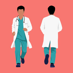 Fototapeta premium Male Doctor in Scrubs and Lab Coat Walking, Front and Back View. Vector Illustration of a Healthcare Professional in Motion.