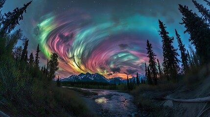 Obraz premium Aurora Borealis swirling over mountains and river
