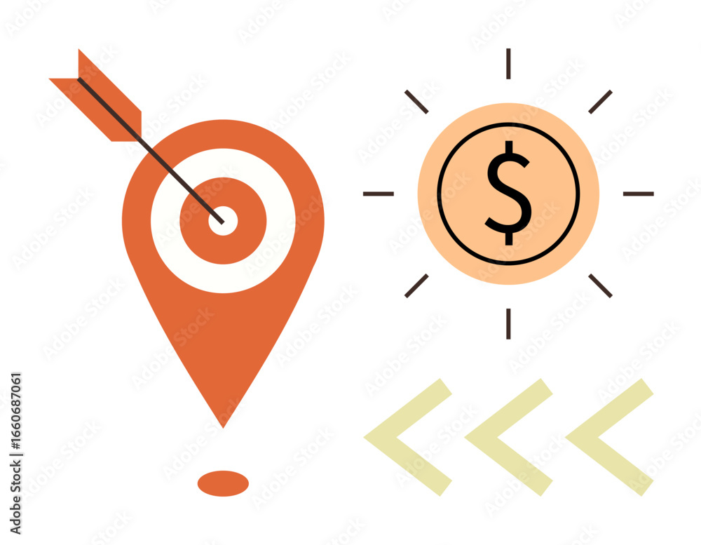 Poster arrow hitting target marker with dollar sign surrounded by rays and directional arrows. ideal for st