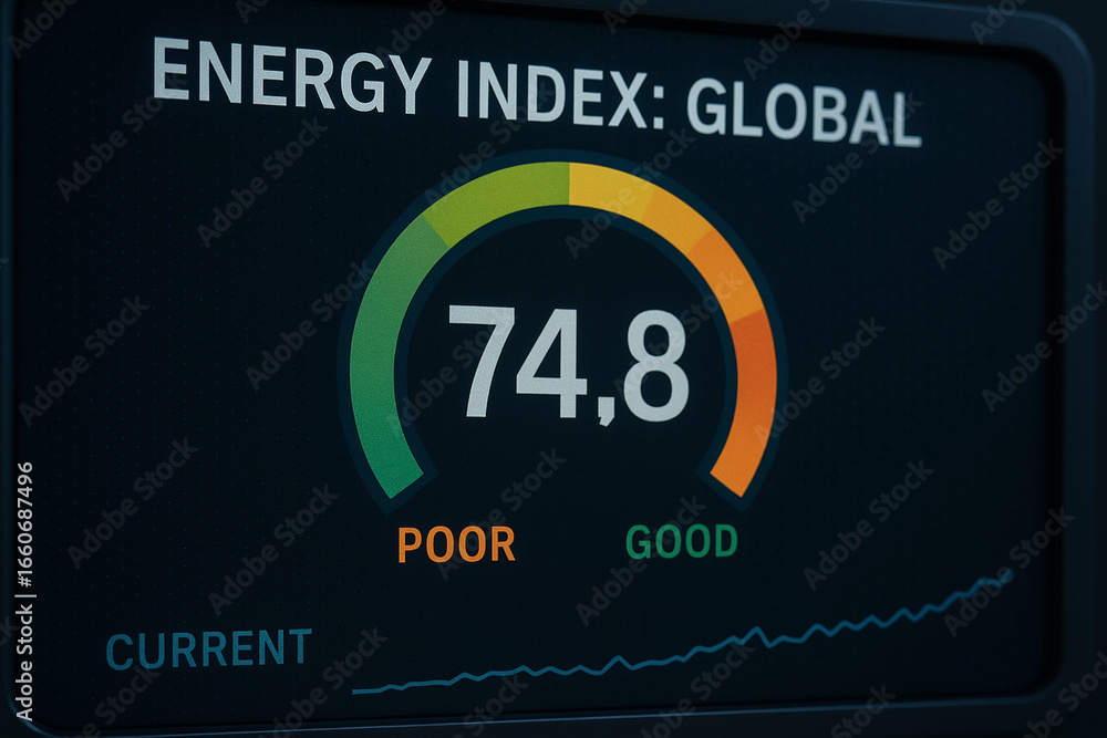 Poster global energy index gauge showing score of 74.8 with rising trend line in stock market energy report