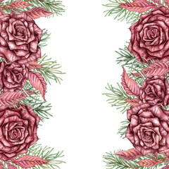 Burgundy roses, pine branches, cones, dry twigs and dried flowers frame watercolor illustration. Suitable for Christmas and New Year decor. Banner isolated from the background.