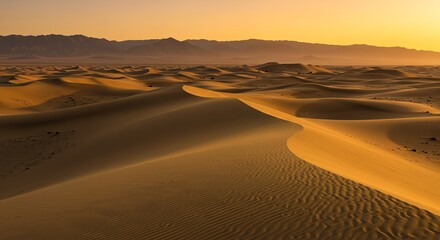 Desert landscape with sand dunes and distant mountains