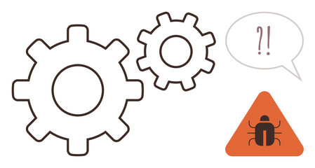 Gears alongside a warning triangle containing a bug icon and a speech bubble with . Ideal for software development, troubleshooting, coding, debugging, system error, workflow, and efficiency. Simple