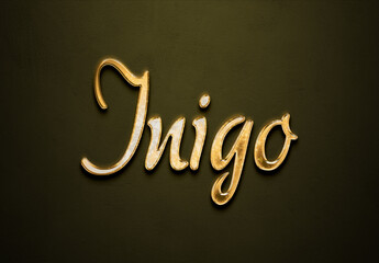 Old gold text effect of name Inigo with 3D glossy style Mockup.