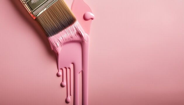 paintbrush with dripping pink paint on monochrome pastel background studio product photography painting supplies and home renovation concept design for banner print poster card header