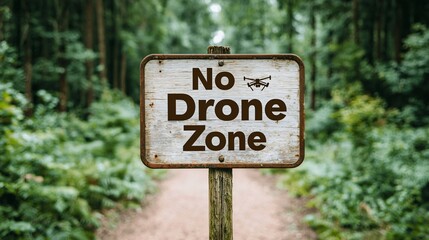 Outdoor park "No Drone Zone" metal sign on wooden post, green trees and walking path in background