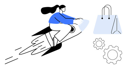 Woman riding a rocket towards a shopping bag, flanked by gear icons. Ideal for e-commerce, technology, innovation, online shopping, entrepreneurship, business growth, simple landing page