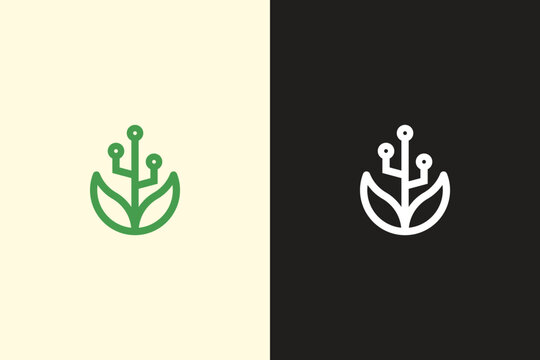 Minimalist eco tech logo with a leaf and circuit lines.
