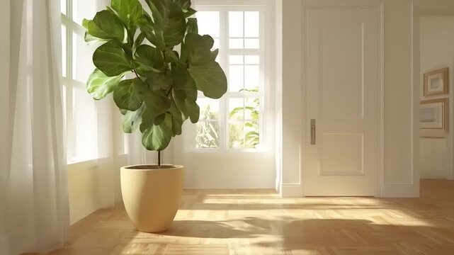 A sunlit, tranquil interior with a large fiddle leaf fig and light-filled windows.