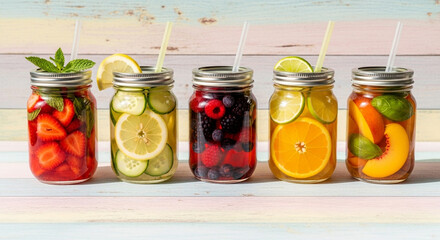 Assorted fruit infused water in mason jars with straws on a colorful surface