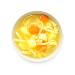 Bowl of tasty chicken soup on white background
