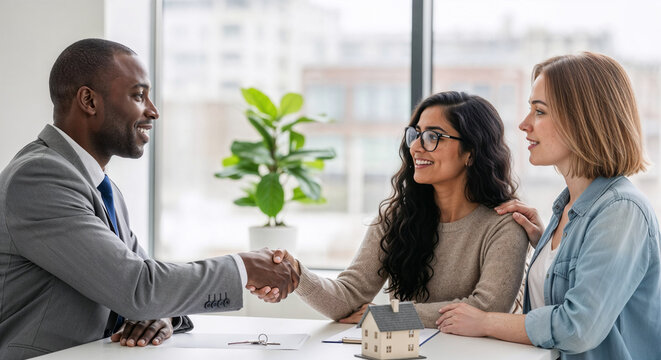 Happy lesbian couple shaking hands with real estate agent and closing deal after signing the contract and buying the new house