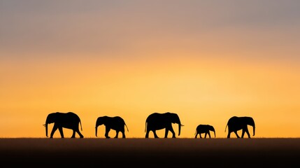 Fototapeta premium Elephant Family Sunset, African Wildlife Safari, Silhouette