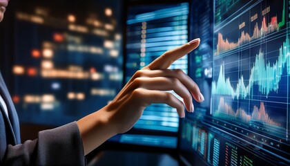 trader s hand gesturing over a digital financial dashboard