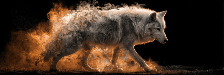 White wolf made of smoke and fire against dark background, exuding mystical and powerful presence