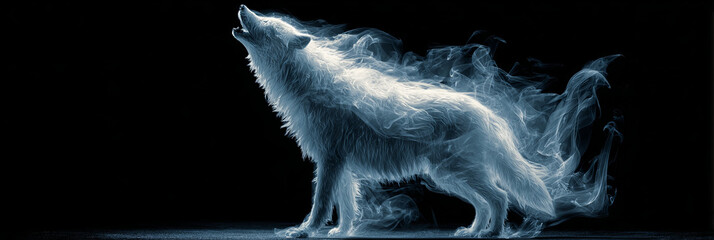 White wolf made of smoke howls into night, creating ethereal and mystical atmosphere. swirling mist enhances enchanting scene