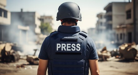 Obraz premium Journalist wearing press vest and helmet in war zone, reporting on conflict