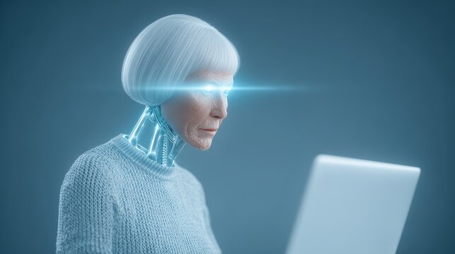 Futuristic Senior Robot Woman using Laptop, AI Concept