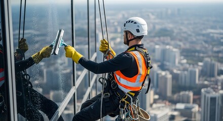 Window cleaner on ropes washing skyscraper, keeping city buildings clean