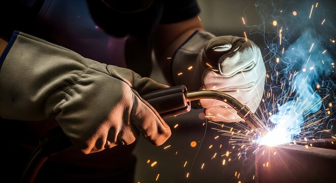 Welding metal with sparks and smoke, ideal for industrial and manufacturing themes