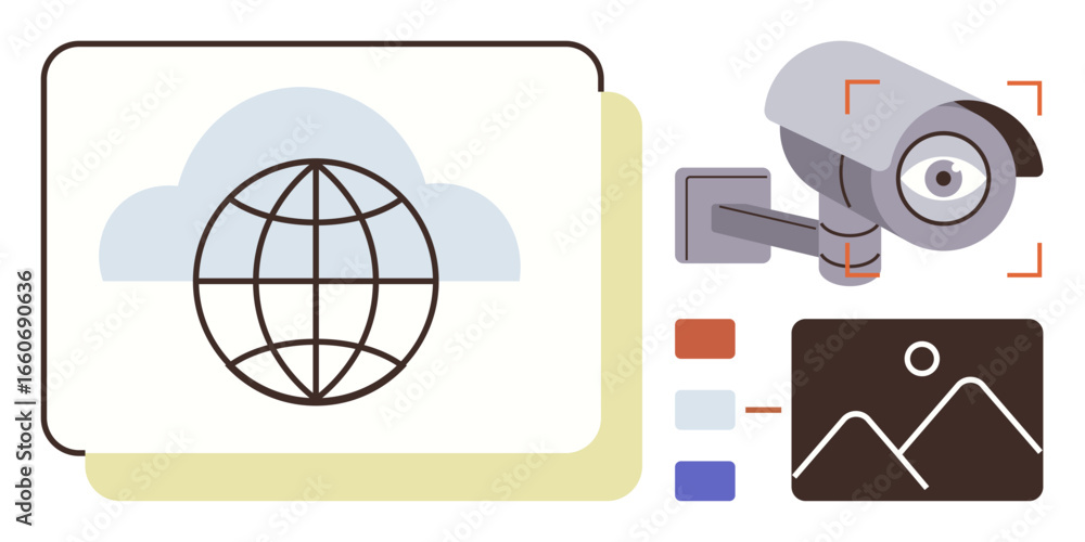 Poster globe within cloud, surveillance camera, and media elements illustrate connectivity, monitoring, and