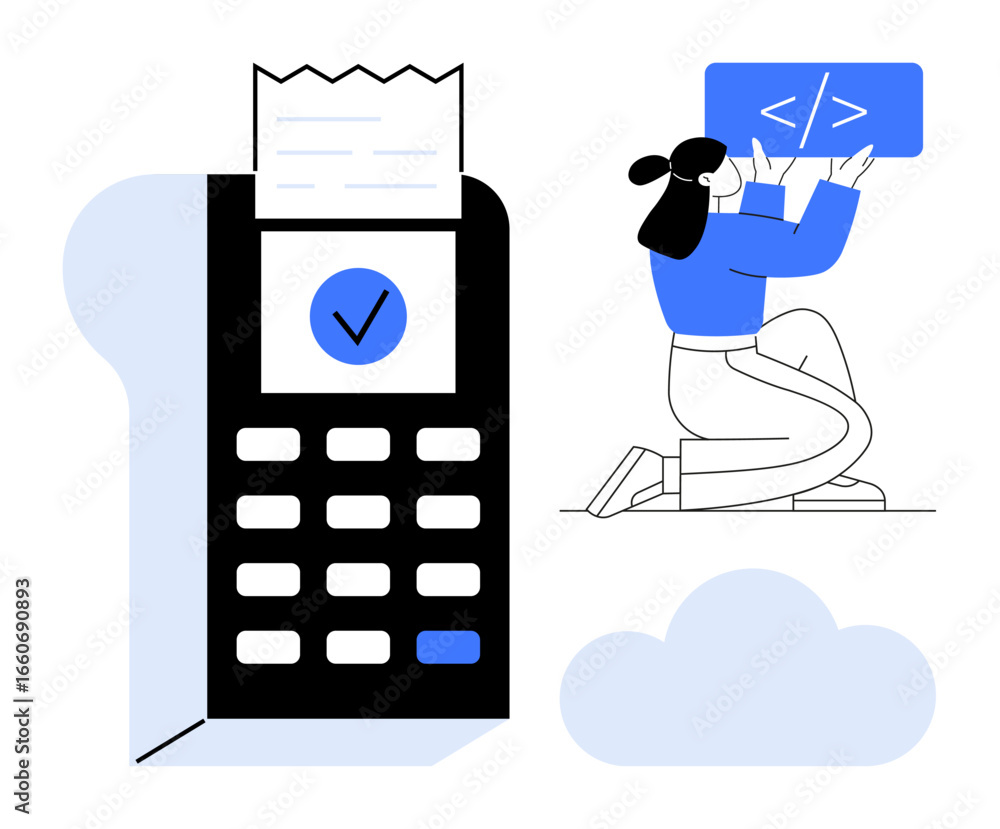 Poster developer programming payment system, large receipt from pos machine, and confirmation checkmark. id