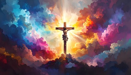 Fototapeta premium Jesus Christ on cross, vibrant clouds