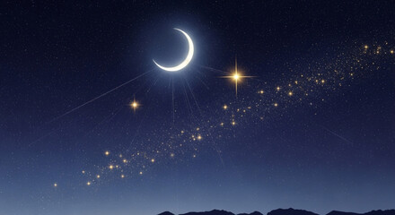 Fototapeta premium A crescent moon and stars shining brightly in the dark blue night sky above hills
