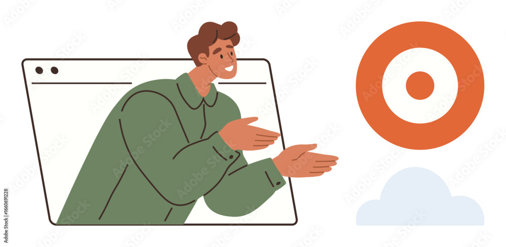 Poster man emerging from browser frame gesturing toward orange target above a cloud. ideal for technology, 