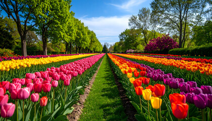 Obraz premium Vibrant rows of colorful tulips bloom in a beautiful garden path under a sunny spring sky.