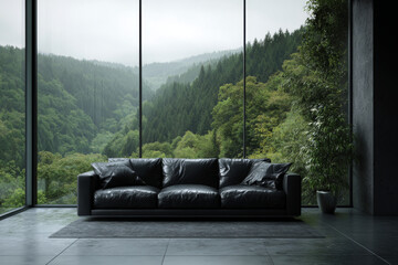 Modern black leather sofa in spacious living room with large windows showcasing serene forest view. atmosphere is calm and inviting