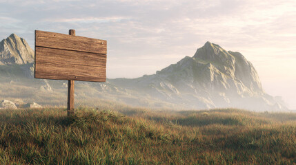 Wooden blank signboard in serene mountain landscape, surrounded by lush grass and rocky formations, evokes sense of tranquility and adventure
