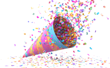 Colorful party decorations like streamers, confetti, and celebration horns, isolated on a transparent background, in a cutout PNG file