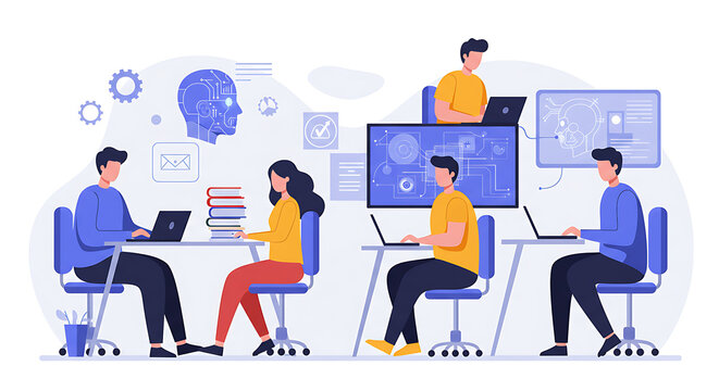 Flat and colorful vector illustrations of artificial intelligence in education, students with robots, online learning, coding, futuristic classrooms, digital teaching tools, and modern AI technology