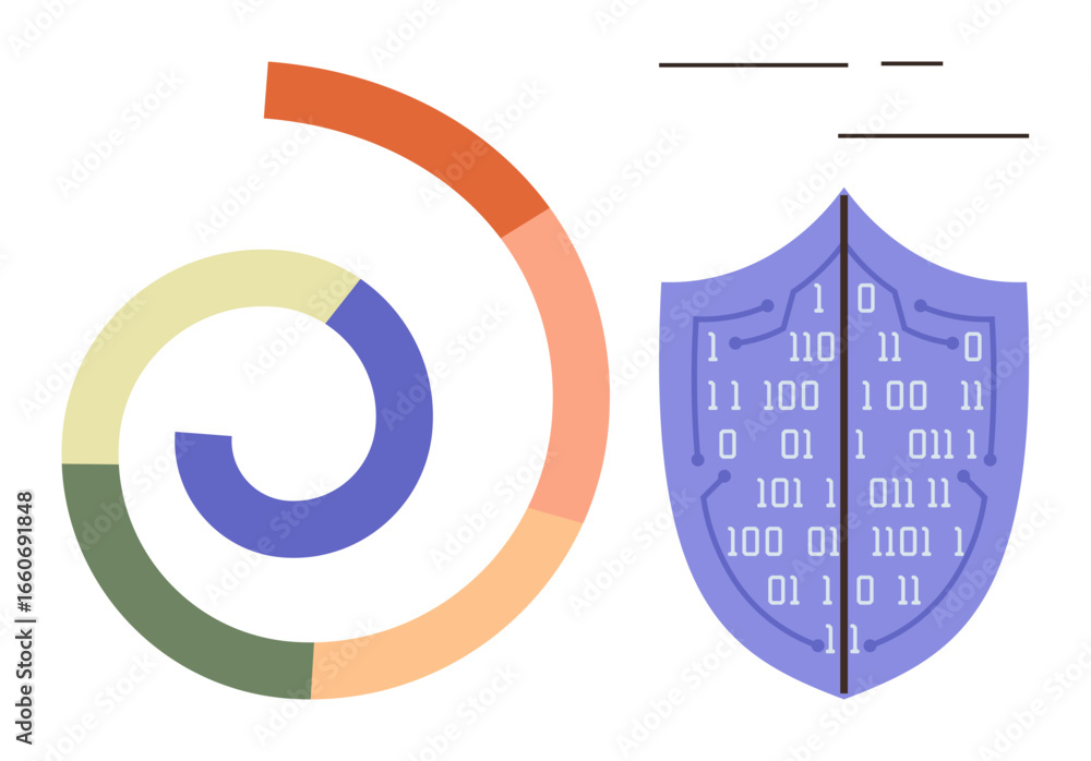 Fototapete colorful spiral chart representing analytics paired with a shield of binary code for cybersecurity. 
