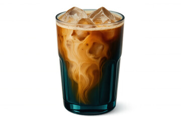 Iced coffee swirling with milk and ice, blending creamy textures in transparent glass against light background